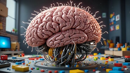 Artificial Intelligence Concept Brain with Technology and Creative Toy Blocks