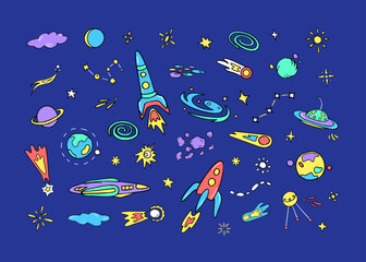 Naklejka premium Space for kids, fun sketches. Collection of various colorful doodle cosmos objects