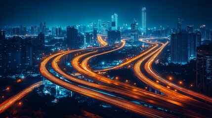 Fototapeta premium A sprawling network of highways winding through a vibrant cityscape at night.