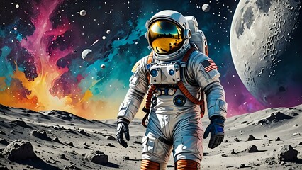 Fototapeta premium Astronaut Walking on Moon Surface with Colorful Nebula Background Graphic
