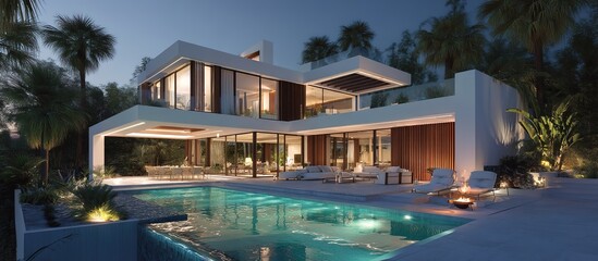 Fototapeta premium A modern-style villa with a clear swimming pool beside it. Tall palm trees and green plants surround the villa.