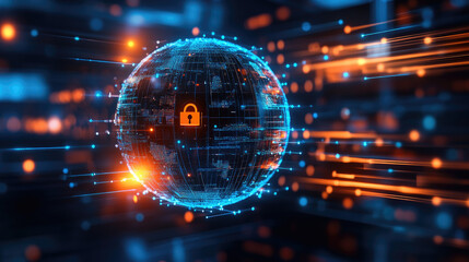 Obraz premium Securing the future a glowing holographic globe representing global cybersecurity solutions in a digital network environment