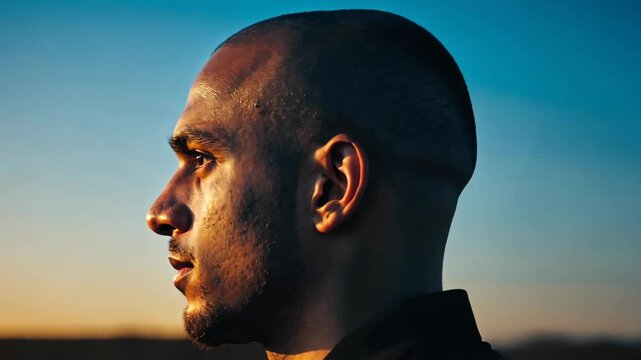 Contemplative dark-skinned man gazes intently into the distance with a serious expression, against clear blue sky and sunset.