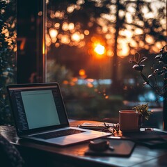 Evening work session with laptop in cozy digital workspace warm atmosphere intimate viewpoint serenity and productivity