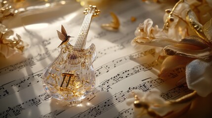 Golden guitar miniature with flowers and bird over sheet music for a music or gift product
