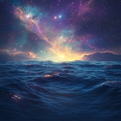 Obraz premium Colorful nebula rising over a restless ocean at night