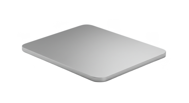 A slightly angled view of a gray rectangular pad with rounded corners on a black background