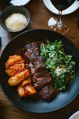 Gourmet Plate: Braised Short Rib, Kimchi, and Arugula Salad on Wood Table, Food Photography