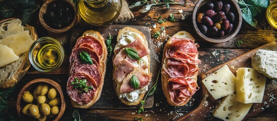 Fototapeta premium A rustic wooden table overflowing with culinary elements: sliced ham, artisan bread, assorted olives, cheese chunks, coarse salt in wooden bowls, black pepper, olive oil bottle, French baguette