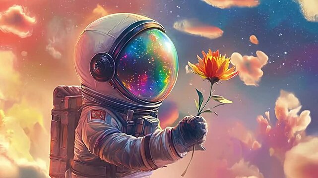 Cute Astronaut Holding a Flower in Fantasy Space Scene