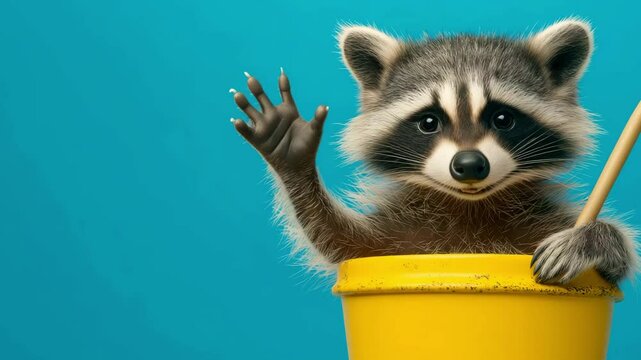 A raccoon is playfully waving from a yellow bucket set against a bright blue background, capturing a charming and lively interaction