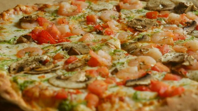 Close-up greasy pizza loaded with shrimp mushrooms and tomatoes unhealthy choice dripping with excess oil. Not ideal for nutritious diet, contributing unhealthy eating habits and weight gain 