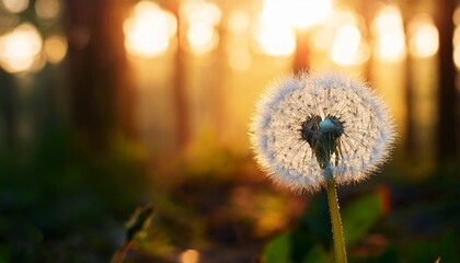 Fototapeta premium White dandelion in a forest at sunset Macro image Abstract nature background