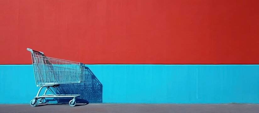 A metal shopping cart leans against a geometrically divided wall (vivid red lower half, bright blue upper half), casting sharp shadows on gray concrete ground under midday sunlight
