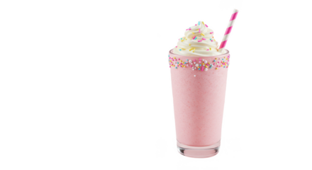 A pink milkshake with whipped cream and sprinkles in a glass with a striped straw on black background
