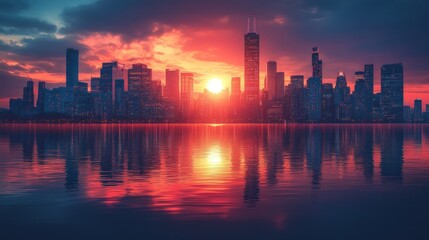Fototapeta premium Chicago Skyline Sunset: A Breathtaking Cityscape at Dusk