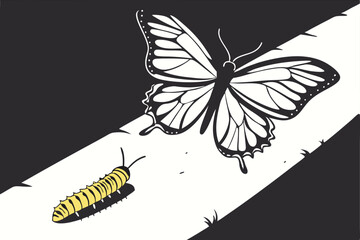 80 Dark textured background, stark butterfly shadow, bright yellow caterpillar, contrast, minimalist composition, conceptual imagery, transformation metaphor, light and shadow play, black and white wi