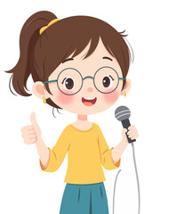 Cartoon girl giving thumbs up, holding microphone