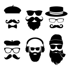 Set of Hipster Mustache Black and White. Silhouette Retro Vintage Vector Icon Set, Mustache, Hats, and Glasses Collection