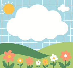 Cartoon Landscape with Flowers, Sun, and Cloud Frame