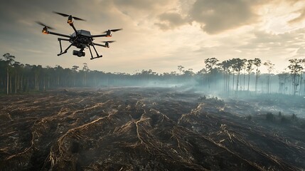 A drone flying over a barren wasteland that was once a rain forest 