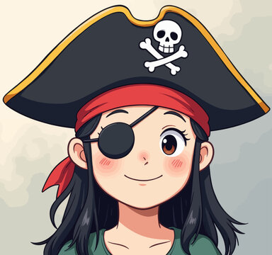 Cartoon pirate girl with eyepatch and skull hat smiling