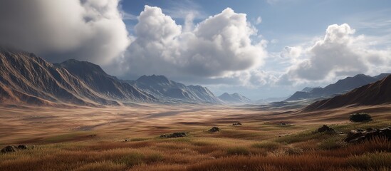 Panoramic view of rolling grassy hills leading to jagged mountain ranges under partly cloudy sky, sunbeams piercing through clouds to illuminate valleys