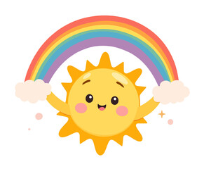 Obraz premium Cartoon Sun Holding a Rainbow with Clouds