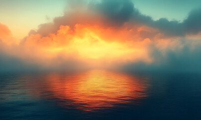 Fototapeta premium Serene sunset over calm ocean waters with vibrant colors reflecting on the surface, creating a tranquil atmosphere