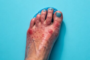 A close-up image of a foot with significant redness, inflammation, and possible skin lesions.