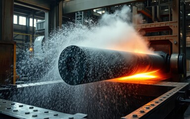 Glowing Metal Coil Undergoes Intense Cooling Process, Steam and Water Spraying