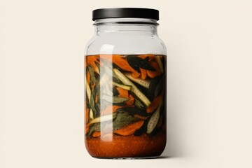 Jar of colorful pickled vegetables with carrots, green beans, and herbs