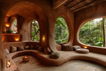 Artistic mud house interior, curved clay walls, floor seating, ambient lights, traditional handmade details in a sustainable