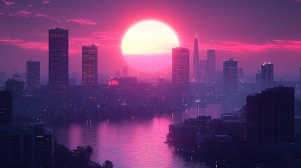 Fototapeta premium Synthwave Cityscape: A Pink Sunset Over the Metropolis