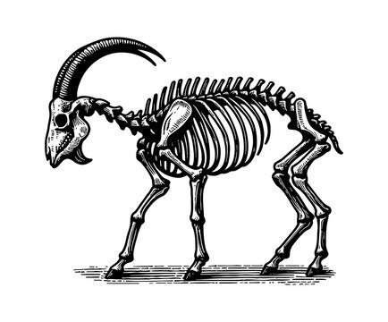 Silhouette of Sheep or Goat Skeleton Isolated on Black Background