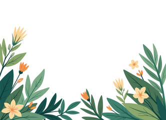 Floral frame with orange and yellow blossoms, green leaves