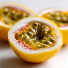 A vibrant passion fruit cut open reveals a juicy treasure of golden pulp and dark seeds, set on a bright, clean surface, ready to enjoy.
