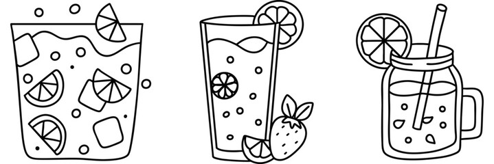Refreshing lemonade drinks with ice and fruit garnishes create vibrant summer vibe. Enjoy coolness and flavor