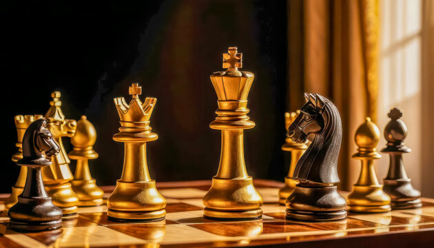 Golden chess pieces face off in strategic game warm lighting dark background