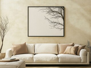 A white couch with a black frame and a tree branch in the corner. There are two brown pillows on the couch