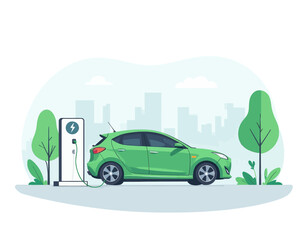 Green Electric Car Charging at Station in Cityscape