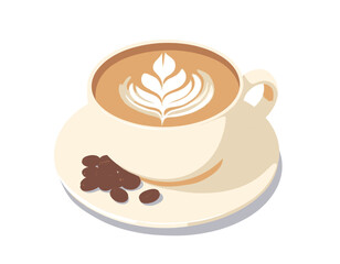 Latte art in cup with coffee beans on saucer