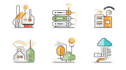 Network icon set concept. Network related icons depicting server router Wi Fi and firewall