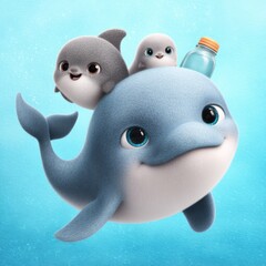 Obraz premium Whale and baby dolphins enjoying a playful swim in a vibrant underwater setting