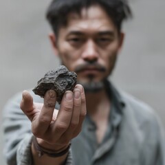 Obraz premium A close-up reveals a weathered hand gripping a strange metallic fragment, blending mystery with nature's beauty in soft focus