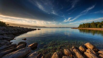 Serene Sunset over Coastal Rocks and Clear Waters