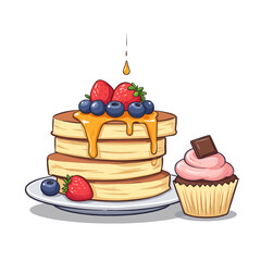 Pancakes with Berries, Syrup Drip, and Cupcake
