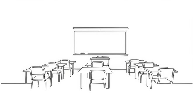 Elegant minimalist one-line drawing of a classroom interior showcasing desks and a chalkboard