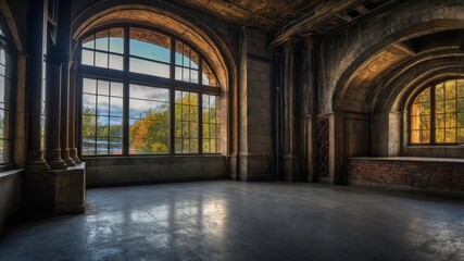 Fototapeta premium Majestic Autumnal View Through Archway Windows of an Old Building