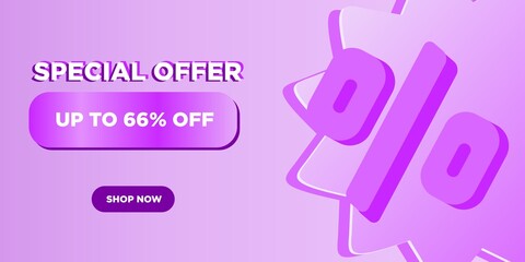 66 porcento de desconto, banner roxo com sinal de porcentagem indicando produto mais barato e promoção.